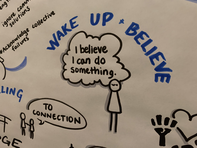 A drawing of a stick figure thinking, "I believe I can do something."