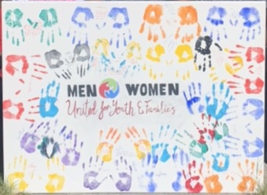 Men and Women United for Youth and Families poster with painted handprints