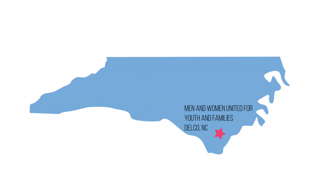 Map with star location of Men and Women United for Youth and Families in Delco, North Carolina