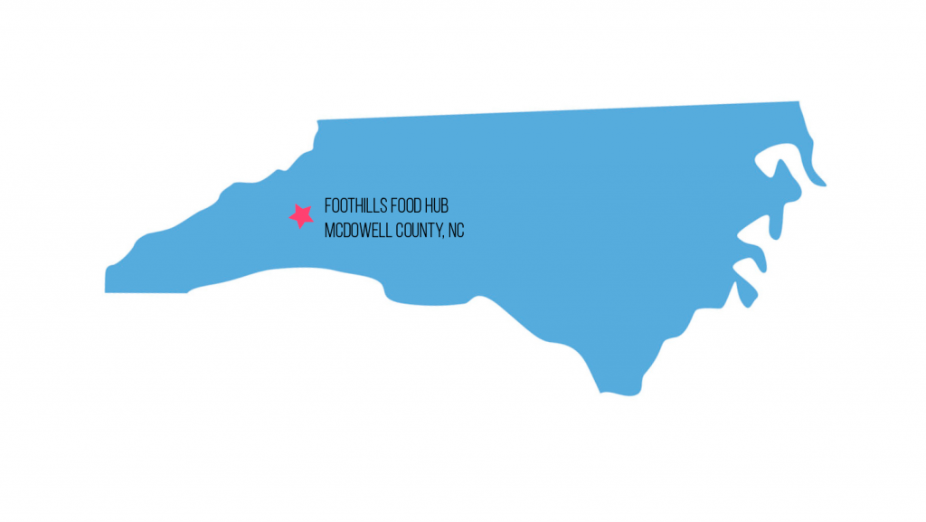 Map of North Carolina with star marking Foothills Food Hub, McDowell County, NC